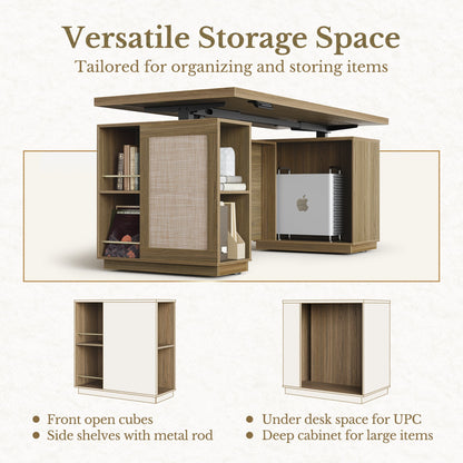 70" Desk · Straight + 73" Tall Bookshelf / Rattan - Light Walnut - 