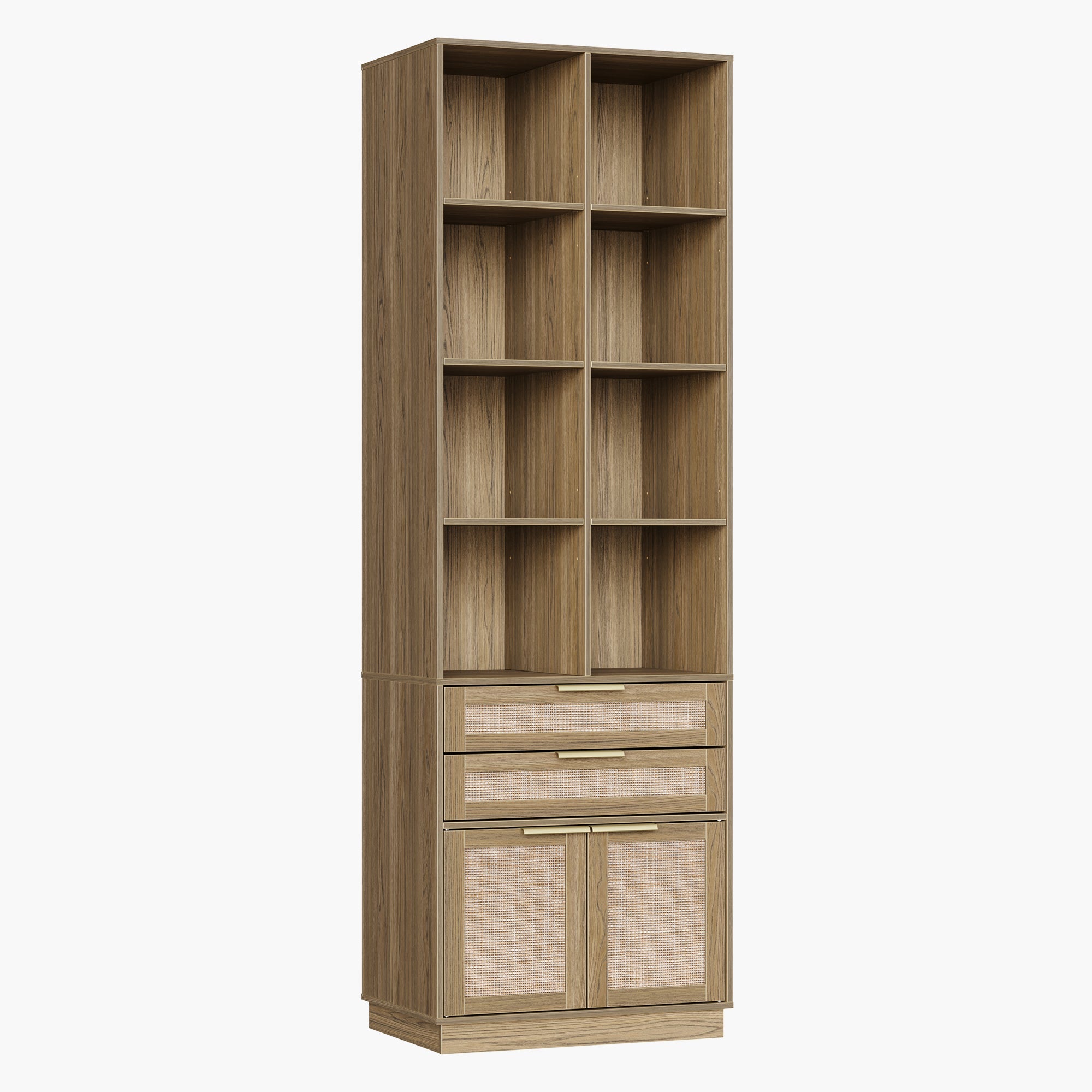 70" Desk · Straight + 73" Tall Bookshelf / Rattan - Light Walnut - 