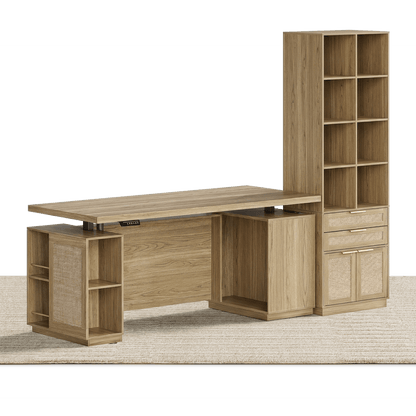 70" Desk · Straight + 73" Tall Bookshelf / Rattan - Light Walnut - 