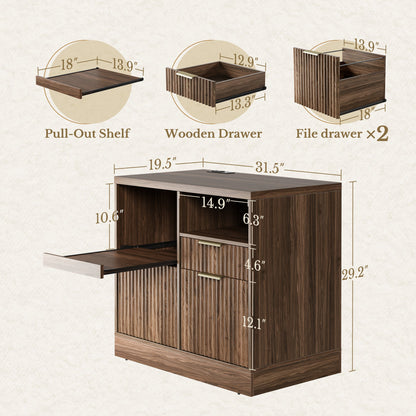70" Desk · Straight + Charging Printer Cabinet / Fluted - Dark Walnut - 