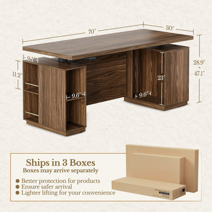 70" Desk · Straight + Mobile Office Cabinet / Fluted - Dark Walnut - 
