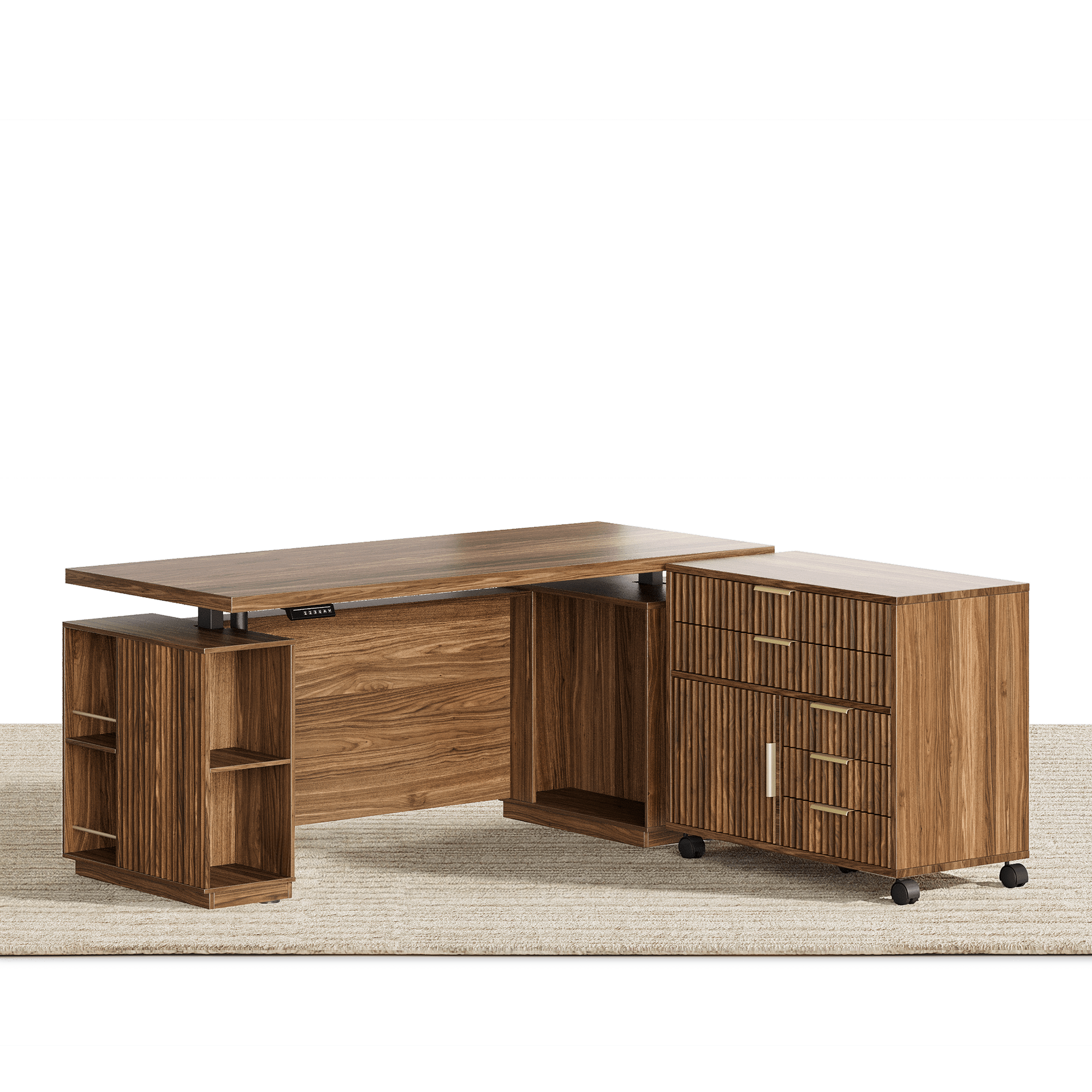 70" Desk · Straight + Mobile Office Cabinet / Fluted - Dark Walnut - 