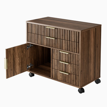 70" Desk · Straight + Mobile Office Cabinet / Fluted - Dark Walnut - 