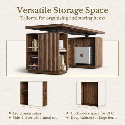 70" Desk · Straight + Mobile Office Cabinet / Fluted - Dark Walnut - 