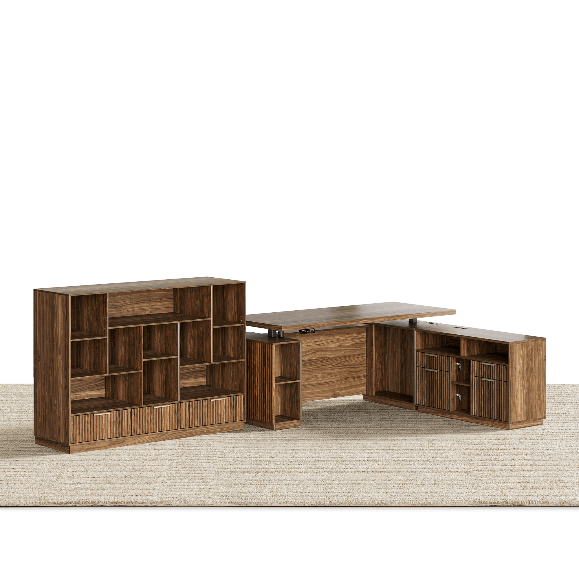 70" Desk with 4 Drawer Wood File Cabinet + 60" Wide Bookshelf / Fluted - Dark Walnut - 