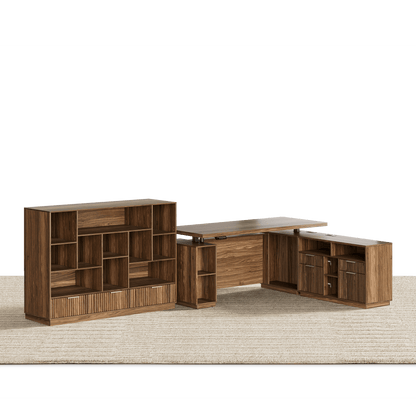 70" Desk with 4 Drawer Wood File Cabinet + 60" Wide Bookshelf / Fluted - Dark Walnut - 