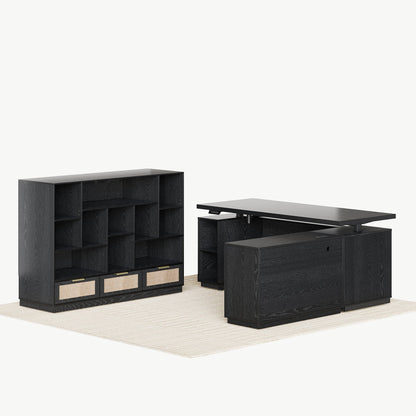 70" Desk with 4 Drawer Wood File Cabinet + 60" Wide Bookshelf / Rattan - Black - 