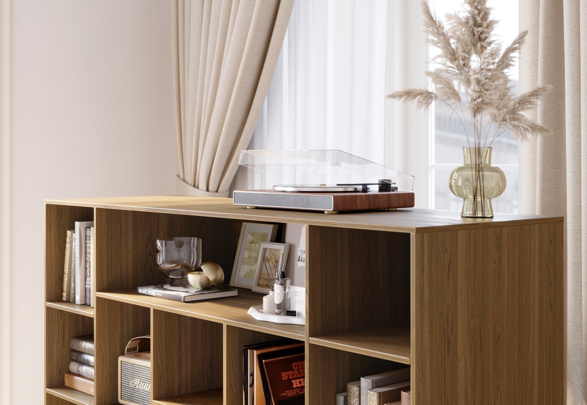 70" Desk with 4 Drawer Wood File Cabinet + 60" Wide Bookshelf / Rattan - Light Walnut - 