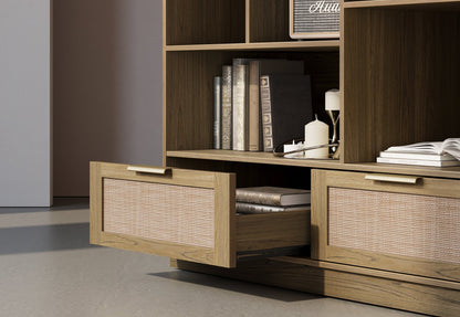 70" Desk with 4 Drawer Wood File Cabinet + 60" Wide Bookshelf / Rattan - Light Walnut - 