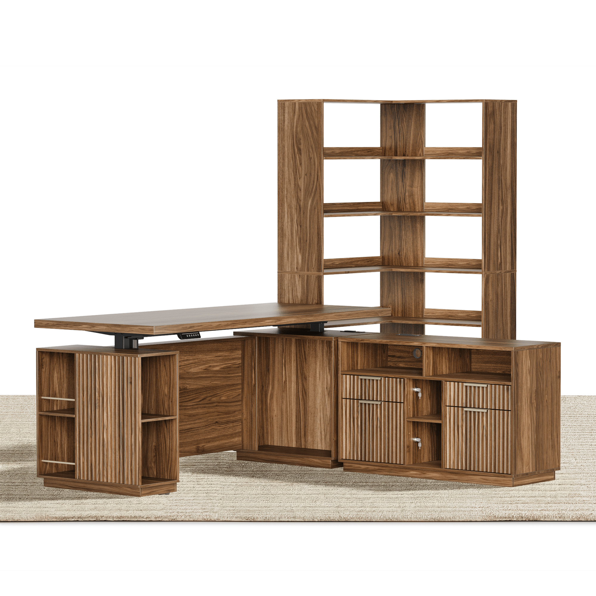 70'' Excutive Desk + 73'' Corner Bookshelf/ Fluted - Dark Walnut - 