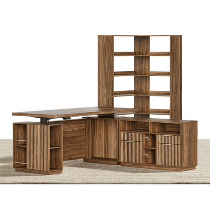 70'' Excutive Desk + 73'' Corner Bookshelf/ Fluted - Dark Walnut - 