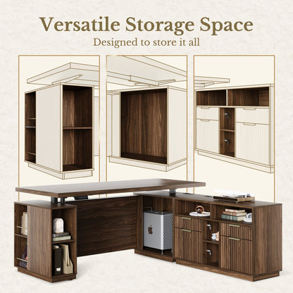 70'' Excutive Desk + 73'' Corner Bookshelf/ Fluted - Dark Walnut - 