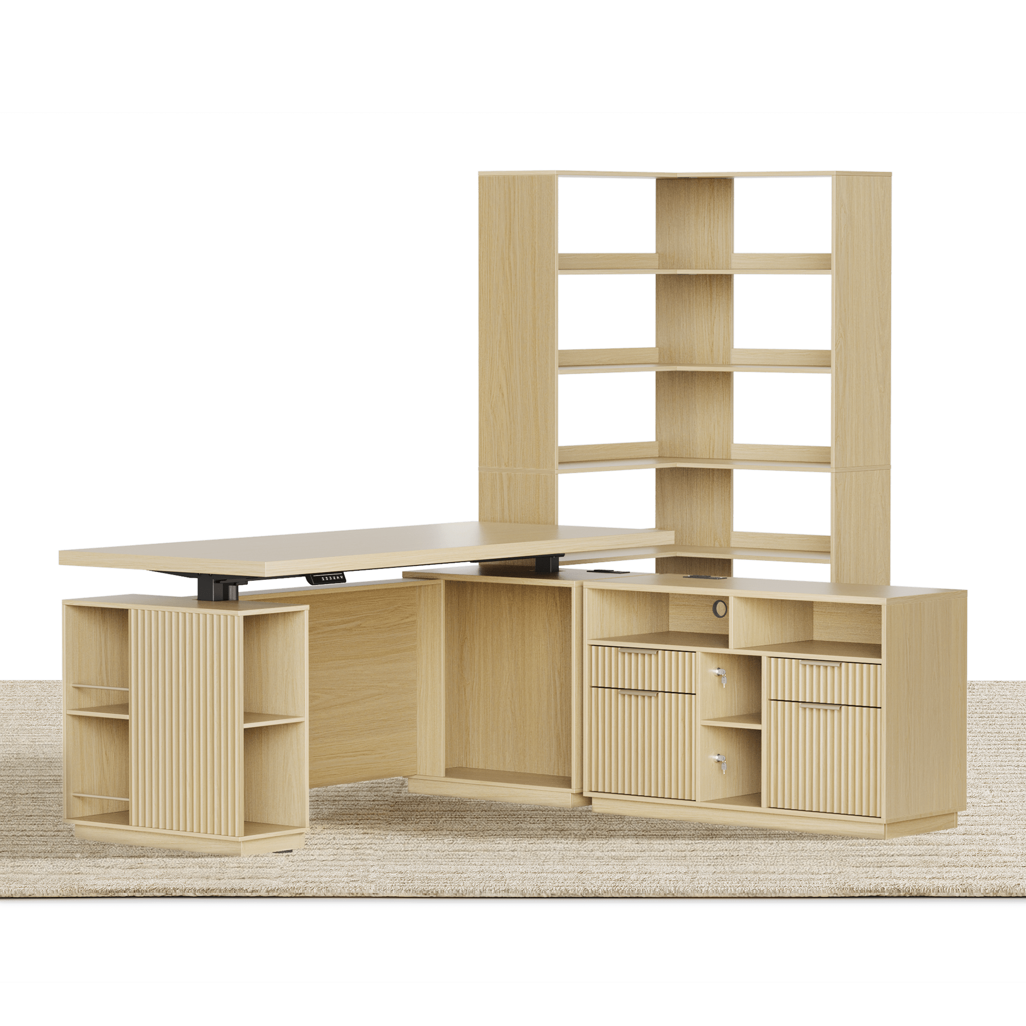 70'' Excutive Desk + 73'' Corner Bookshelf/ Fluted - Natural Oak - 