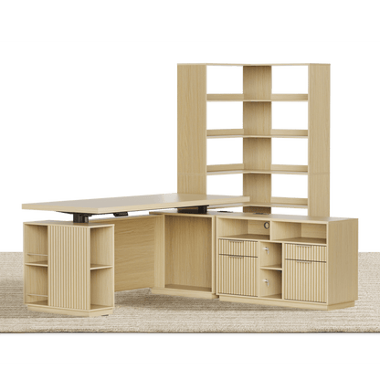 70'' Excutive Desk + 73'' Corner Bookshelf/ Fluted - Natural Oak - 