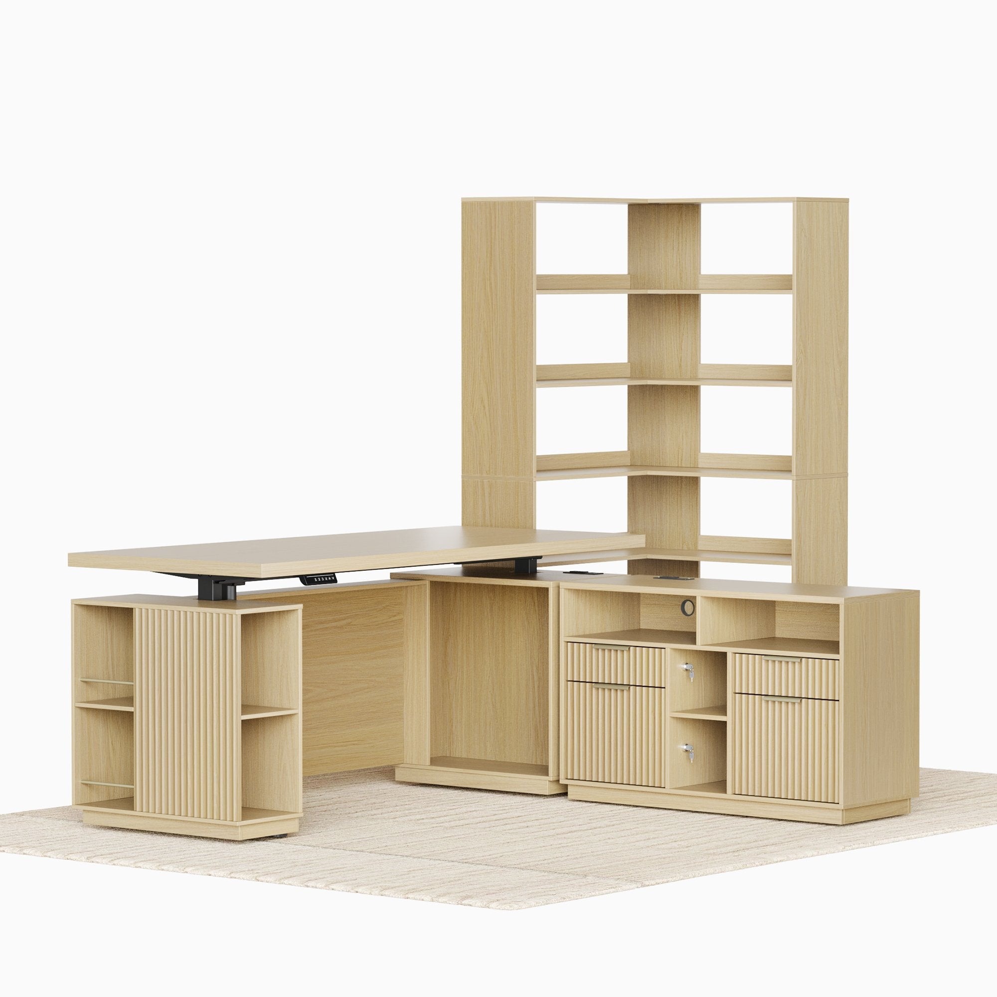 70'' Excutive Desk + 73'' Corner Bookshelf/ Fluted - Natural Oak - 