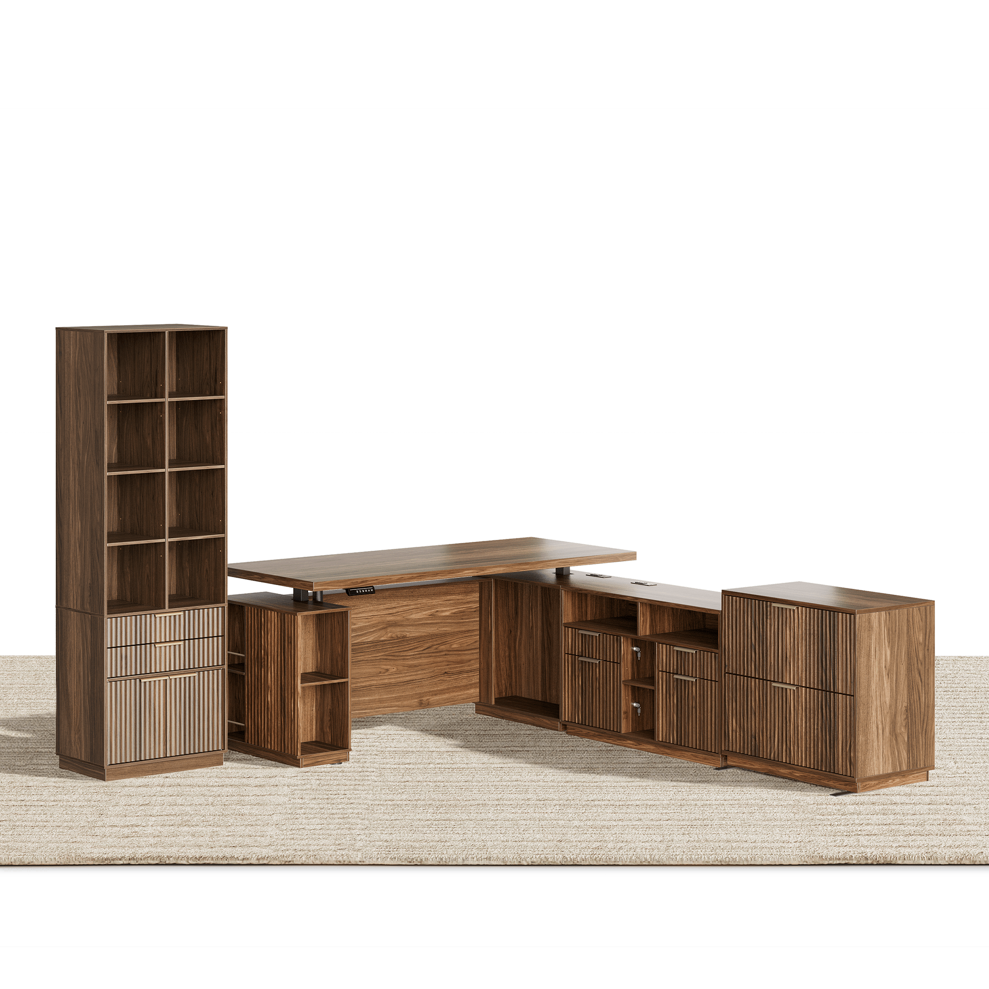70" Executive Desk + 2 Drawers + 73 Tall Bookshelf / Fluted - Dark Walnut - 