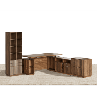 70" Executive Desk + 2 Drawers + 73 Tall Bookshelf / Fluted - Dark Walnut - 