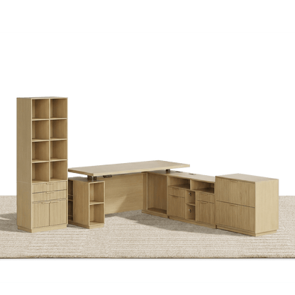 70" Executive Desk + 2 Drawers + 73 Tall Bookshelf / Fluted - Natural Oak - 