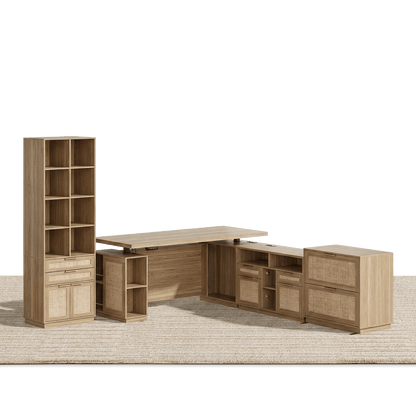 70" Executive Desk + 2 Drawers + 73 Tall Bookshelf / Rattan - Light Walnut - 