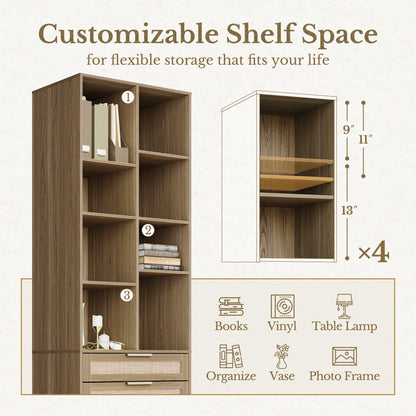 70" Executive Desk + 2 Drawers + 73 Tall Bookshelf / Rattan - Light Walnut - 