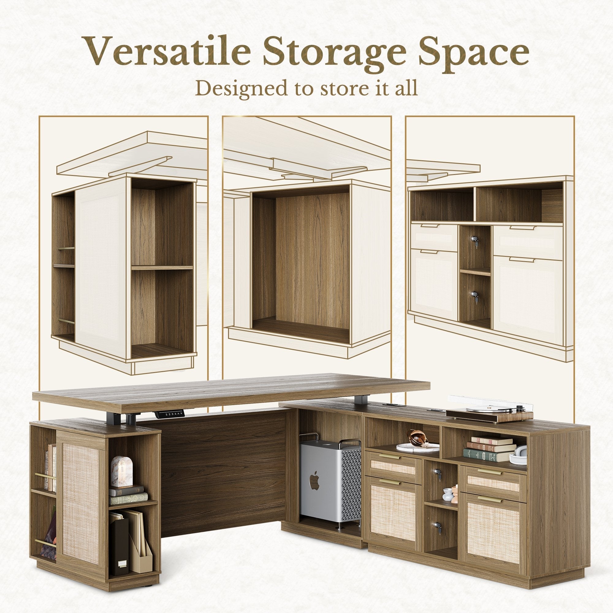 70" Executive Desk + 2 Drawers + 73 Tall Bookshelf / Rattan - Light Walnut - 