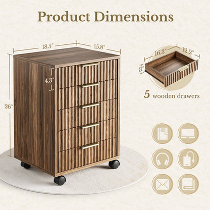 70" Executive Standing Desk + 2 Drawers + Mobile Office Cabinet + 5 - Drawer Mobile Cabinet / Fluted - Dark Walnut - 