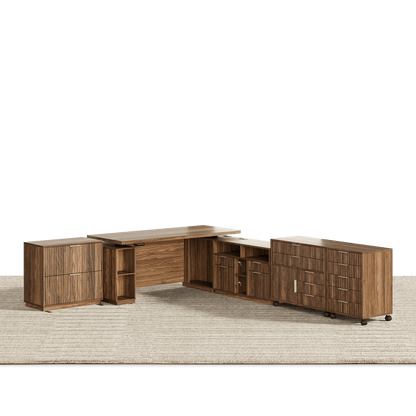 70" Executive Standing Desk + 2 Drawers + Mobile Office Cabinet + 5 - Drawer Mobile Cabinet / Fluted - Dark Walnut - 