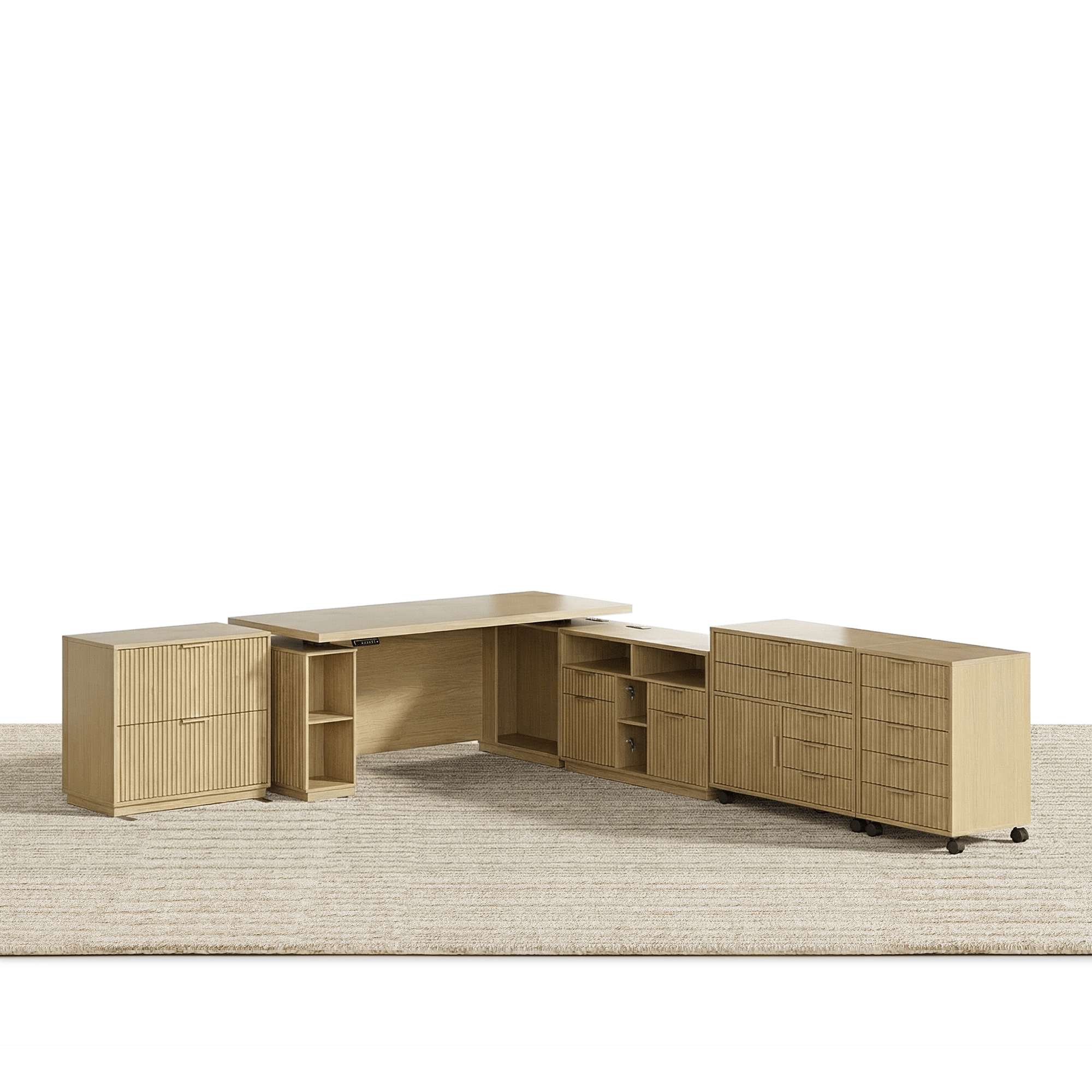 70" Executive Standing Desk + 2 Drawers + Mobile Office Cabinet + 5 - Drawer Mobile Cabinet / Fluted - Natural Oak - 