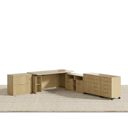 70" Executive Standing Desk + 2 Drawers + Mobile Office Cabinet + 5 - Drawer Mobile Cabinet / Fluted - Natural Oak - 