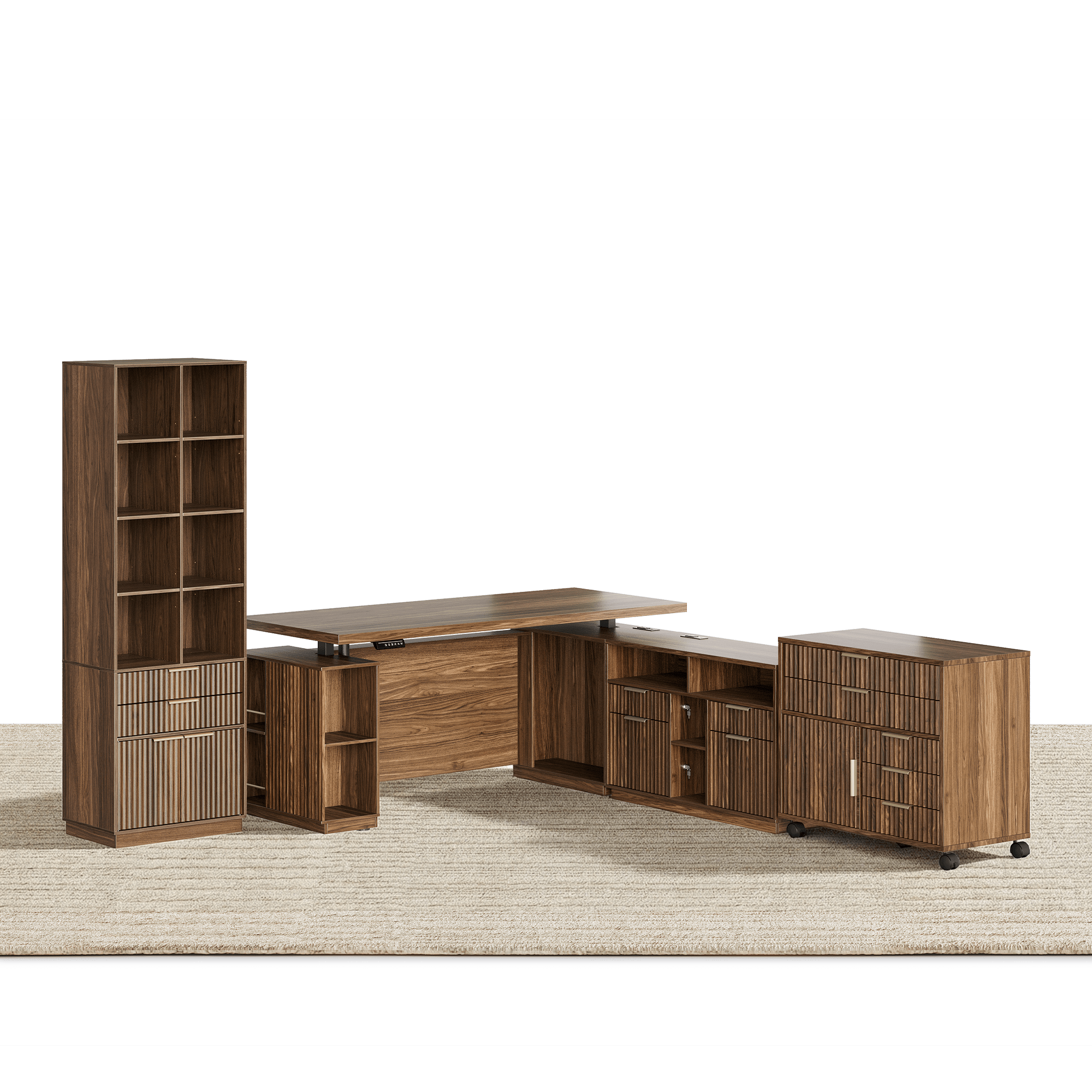70" Executive Standing Desk + 73 Tall Bookshelf + Mobile Office Cabinet / Fluted - Dark Walnut - 