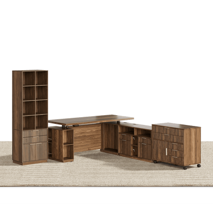 70" Executive Standing Desk + 73 Tall Bookshelf + Mobile Office Cabinet / Fluted - Dark Walnut - 