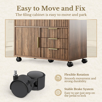 70" Executive Standing Desk + 73 Tall Bookshelf + Mobile Office Cabinet / Fluted - Dark Walnut - 