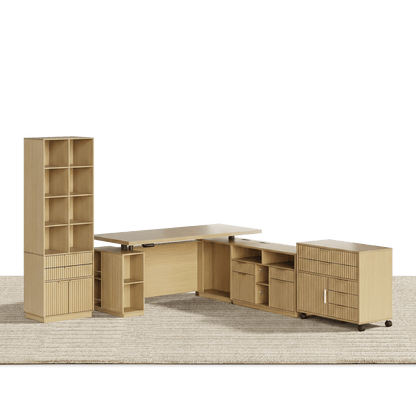 70" Executive Standing Desk + 73 Tall Bookshelf + Mobile Office Cabinet / Fluted - Natural Oak - 