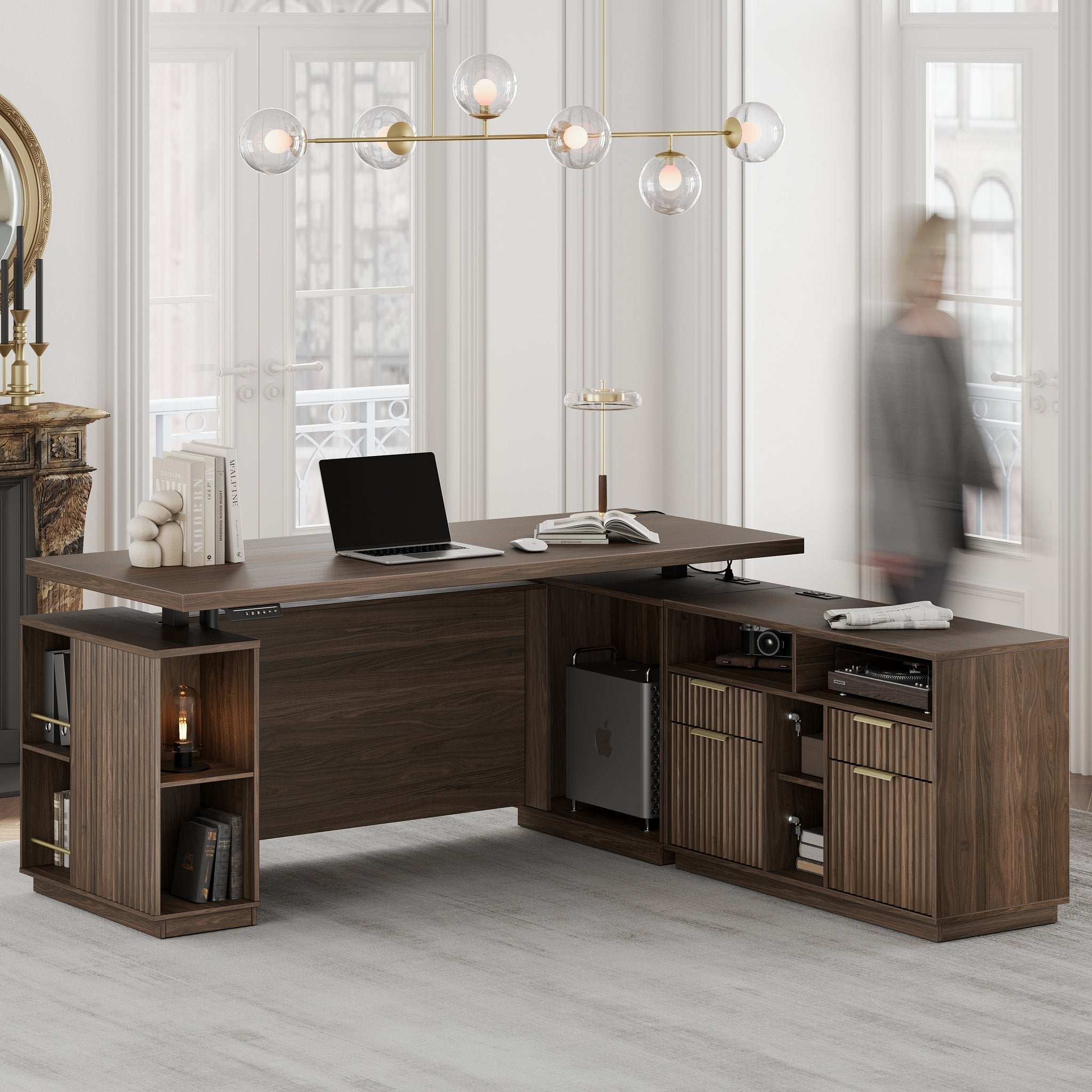 70" Premium Executive Standing Desk + Celestia Deep Cloud Chair + 73"Tall Fluted Bookshelf with Drawers & Doors/ Fluted - Dark Walnut - 