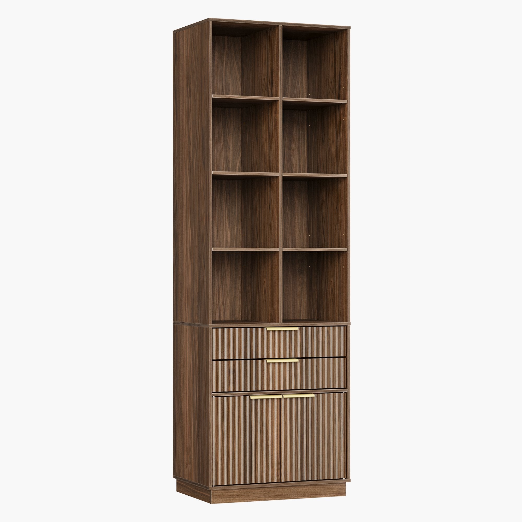 70" Premium Executive Standing Desk + Celestia Deep Cloud Chair + 73"Tall Fluted Bookshelf with Drawers & Doors/ Fluted - Dark Walnut - 