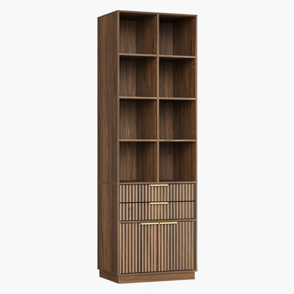 70" Premium Executive Standing Desk + Celestia Deep Cloud Chair + 73"Tall Fluted Bookshelf with Drawers & Doors/ Fluted - Dark Walnut - 