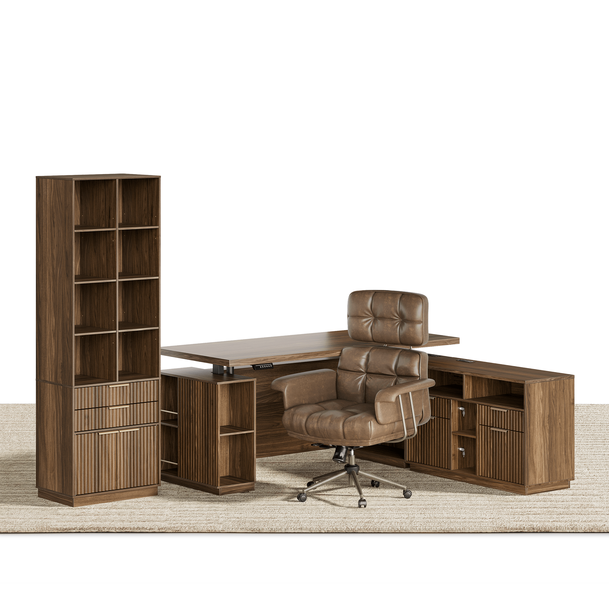 70" Premium Executive Standing Desk + Celestia Deep Cloud Chair + 73"Tall Fluted Bookshelf with Drawers & Doors/ Fluted - Dark Walnut - 