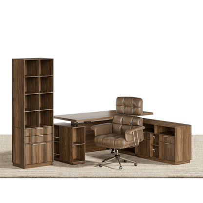 70" Premium Executive Standing Desk + Celestia Deep Cloud Chair + 73"Tall Fluted Bookshelf with Drawers & Doors/ Fluted - Dark Walnut - 