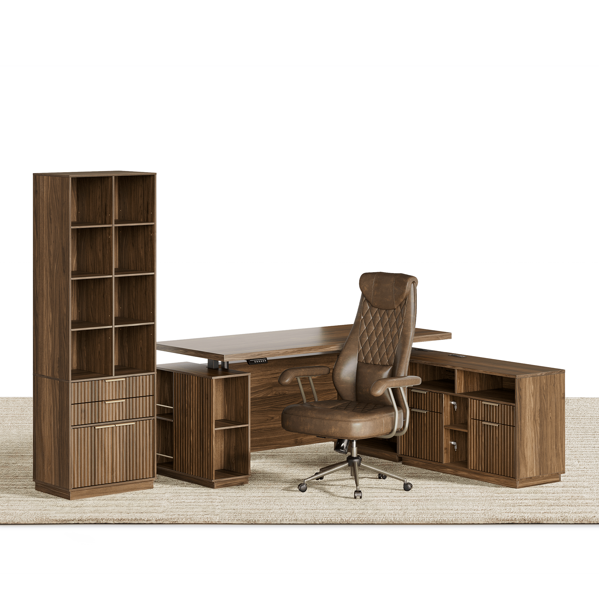 70" Premium Executive Standing Desk + Luna Extra Wide Chair + 73"Tall Fluted Bookshelf with Drawers & Doors/ Fluted - Dark Walnut - 