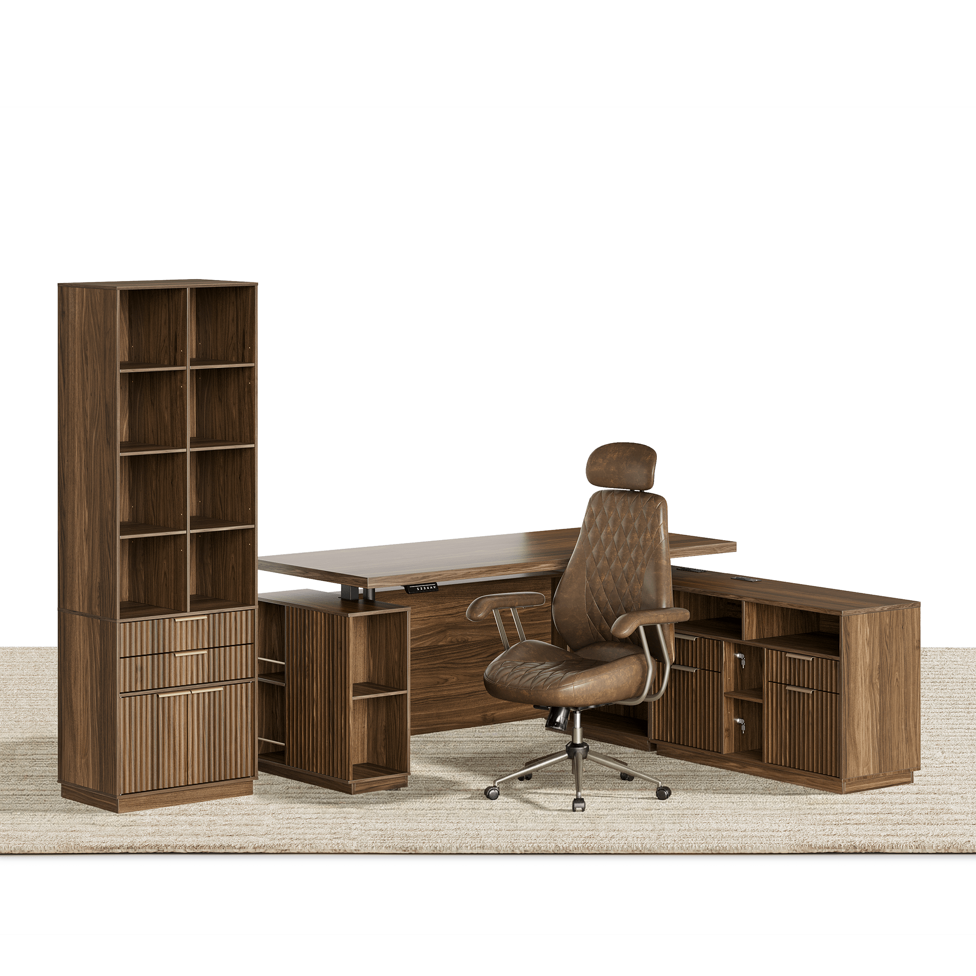 70" Premium Executive Standing Desk + Stella Advanced Ergonomic Chair + 73"Tall Fluted Bookshelf with Drawers & Doors/ Fluted - Dark Walnut - 