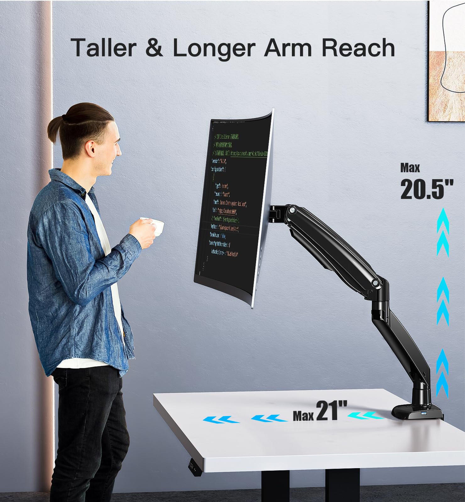 HUANUO monitor arm displaying max height of 21 inches and extended reach in modern workspace.