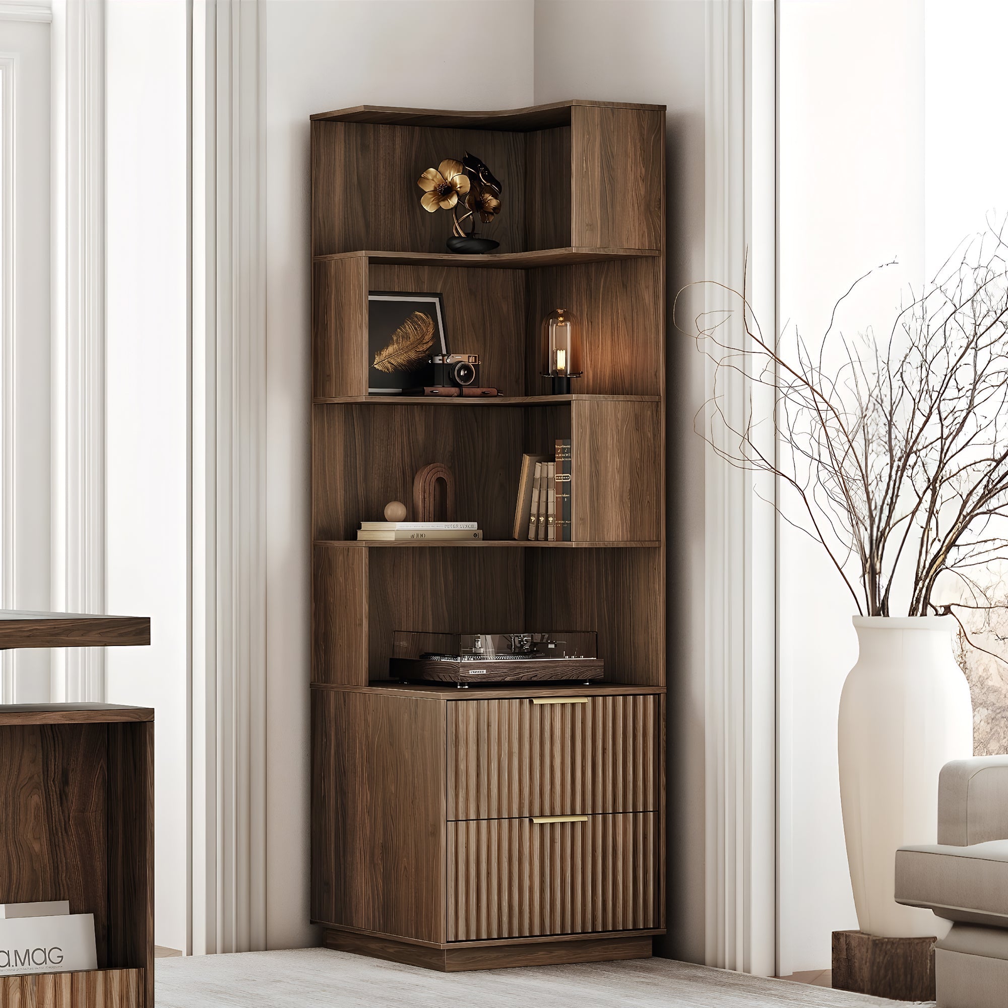 71" Premium Spiral Bookshelf - Fluted Black Walnut