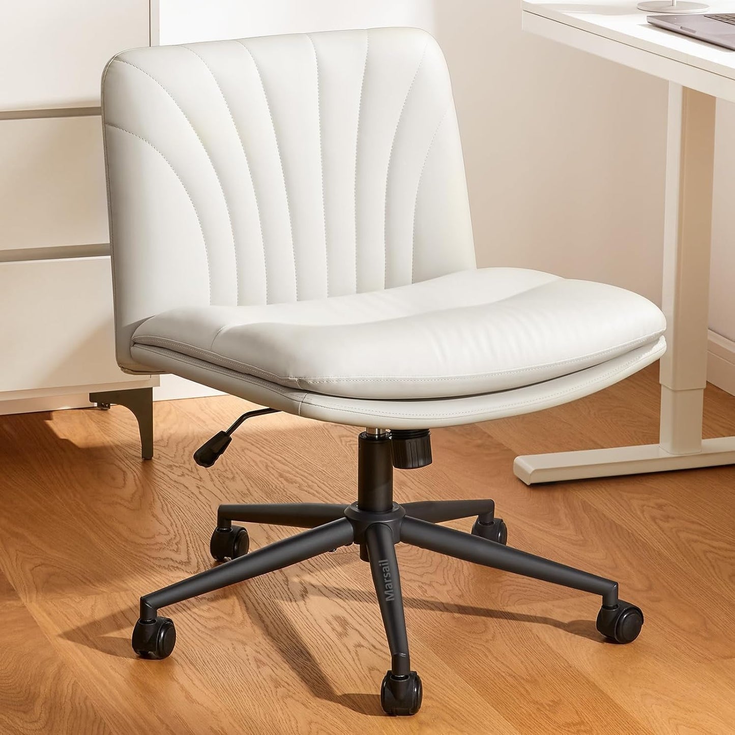Marsail Armless-Office Desk Chair with Wheels: PU Leather Cross Legged Wide Chair,Comfortable Adjustable Swivel Computer Task Chairs for Home,Office,Make Up,Small Space,Bed Room, Grey