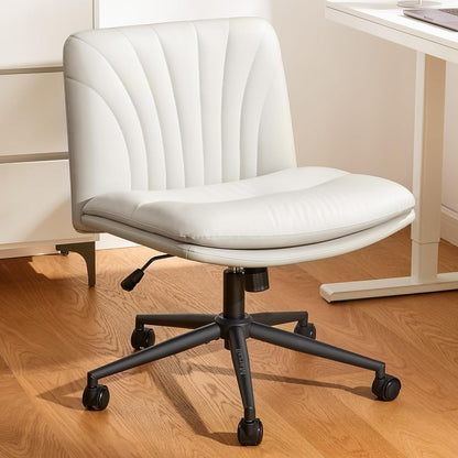 Marsail Armless-Office Desk Chair with Wheels: PU Leather Cross Legged Wide Chair,Comfortable Adjustable Swivel Computer Task Chairs for Home,Office,Make Up,Small Space,Bed Room, Grey