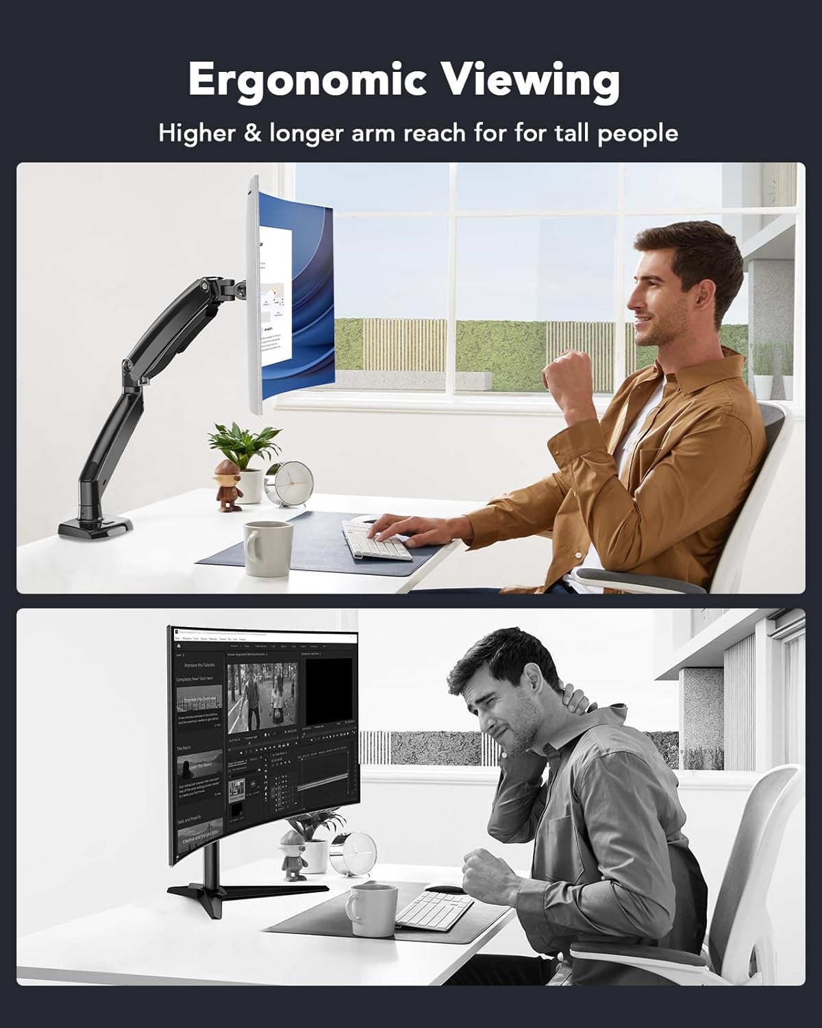 HUANUO monitor mount providing ergonomic viewing for tall users in modern office setting.