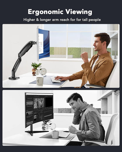 HUANUO monitor mount providing ergonomic viewing for tall users in modern office setting.