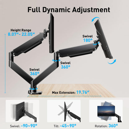 Dual monitor mount showcasing height range, swivel, and rotation adjustments.