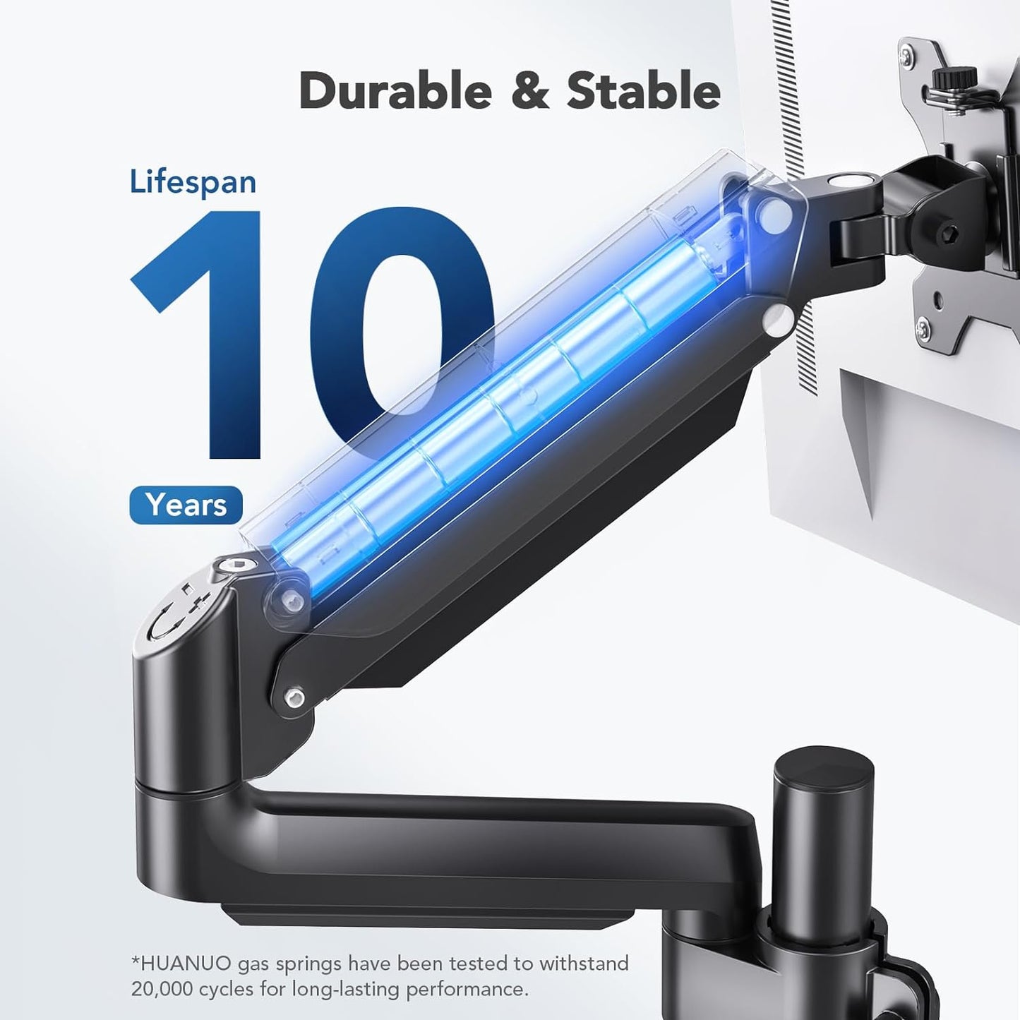 HUANUO monitor arm showcasing durable gas spring technology with 10-year lifespan.