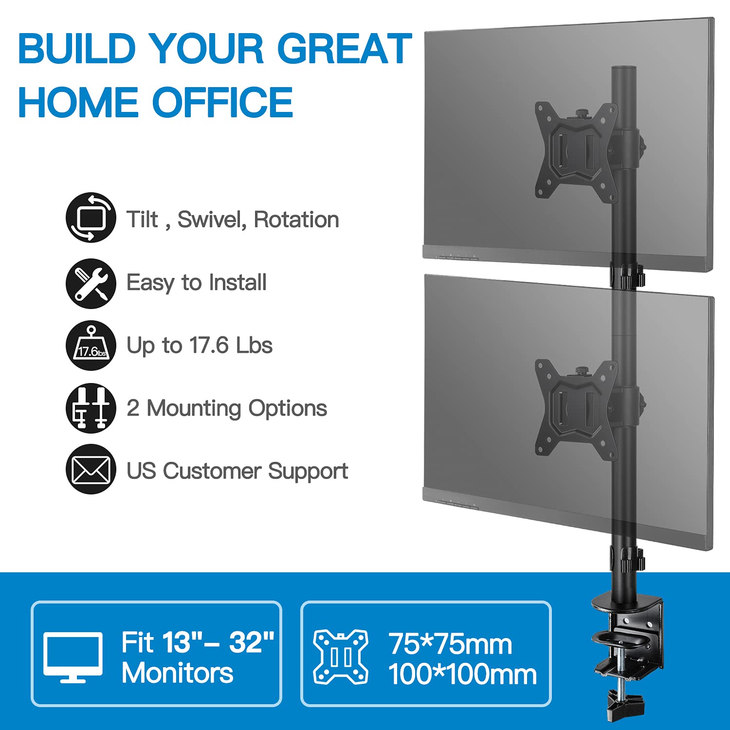 Dual monitor mount with easy installation, tilt, swivel, and rotation features.