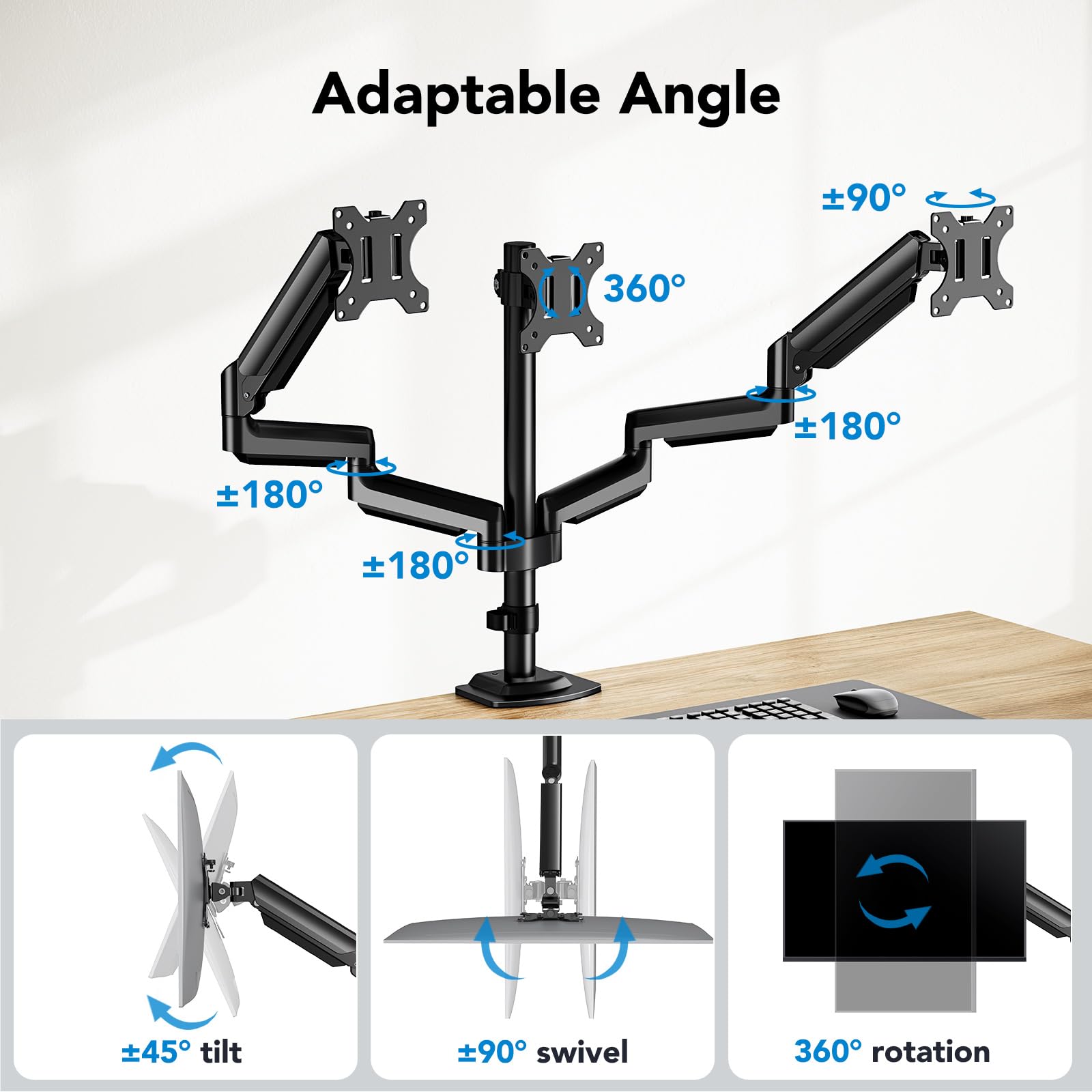 Triple monitor mount with adaptable arms for ergonomic setup and flexible positioning.
